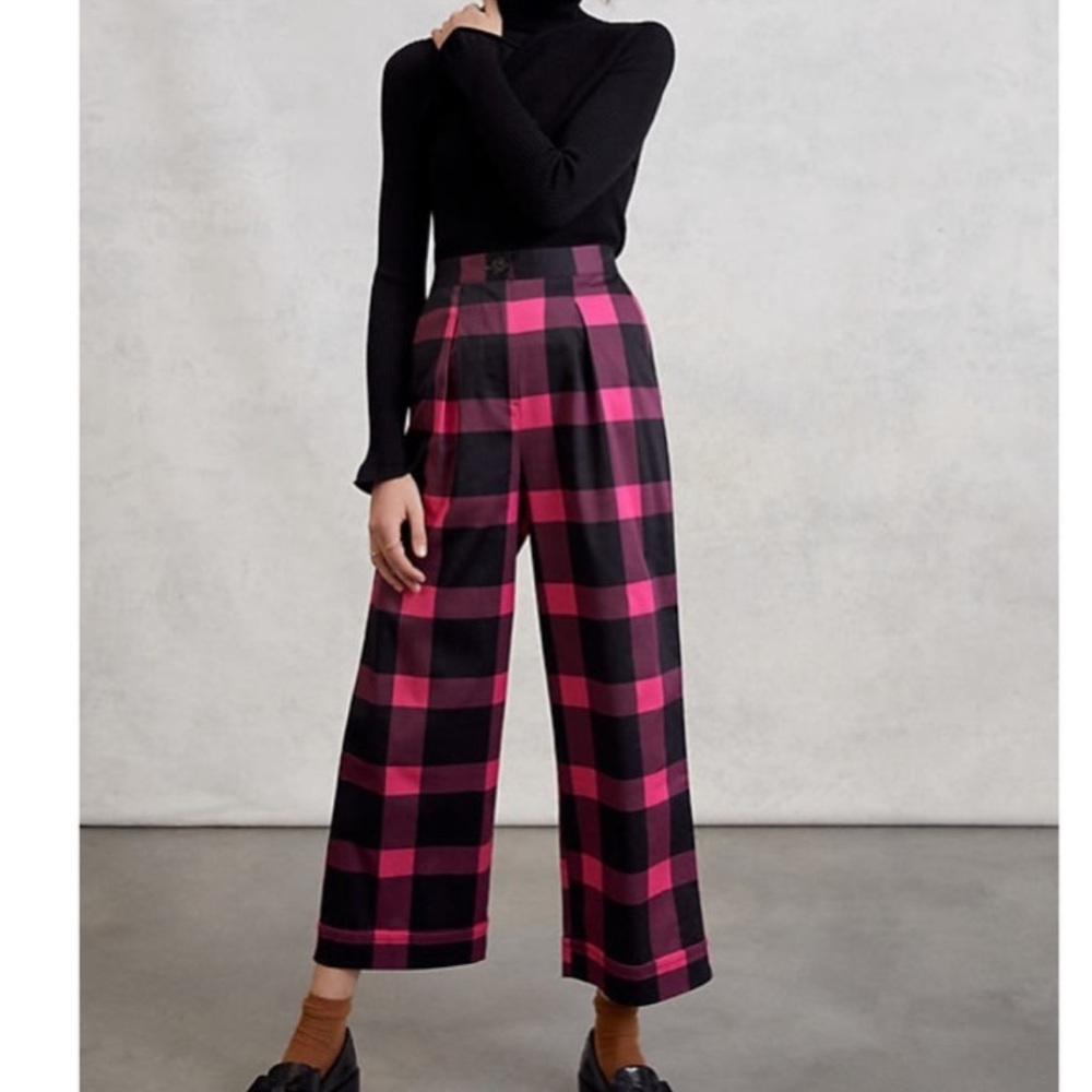 NWT Anthropologie Plaid Pink and Black Wide-Leg Pants
